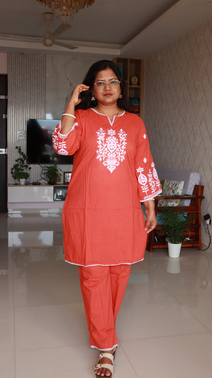 Arova Short Co-ord Kurti Set- Orange